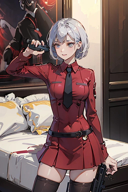 Highest quality、Ultra HD、One Woman、(Silver short hair)、(Red blazer 1.3)、(Red tie)、(shirt)、(Red Heel 1.1)、((Red Mini Tight Skirt))、((Black tights 1.2))、((Shooting with a gun in each hand.5))、Stylish、Beautiful Faces、(Black belt 1.2)、2 female、Glamorous Body、(Sunset slum background 1.2)、((A clear and beautiful touch))