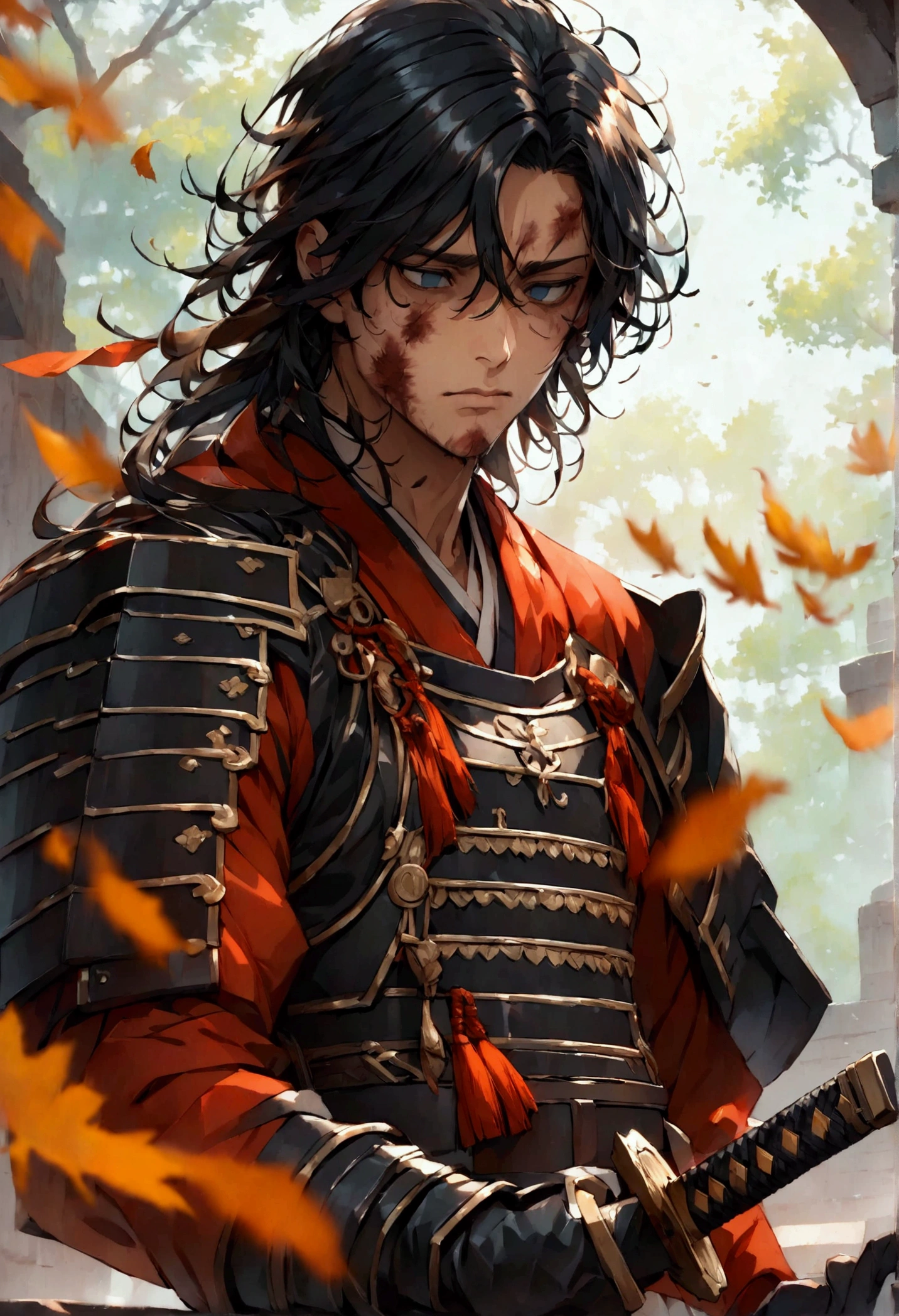 potrait intricate postures a samurai looks sad with a disappointed look on his face, his empty eyes look brooding, he is holding his katana, wearing black armor, cinematic, like in a movie, very detailed, low congtrast gray color, aura like full of disappointment, his face is full of wounds because he is ready from fighting who defeated his opponent, cinematic light from the side, sharp depth field towards his face. his body is full of wounds, leaves are flying with motion blur (i won but at what cost?)