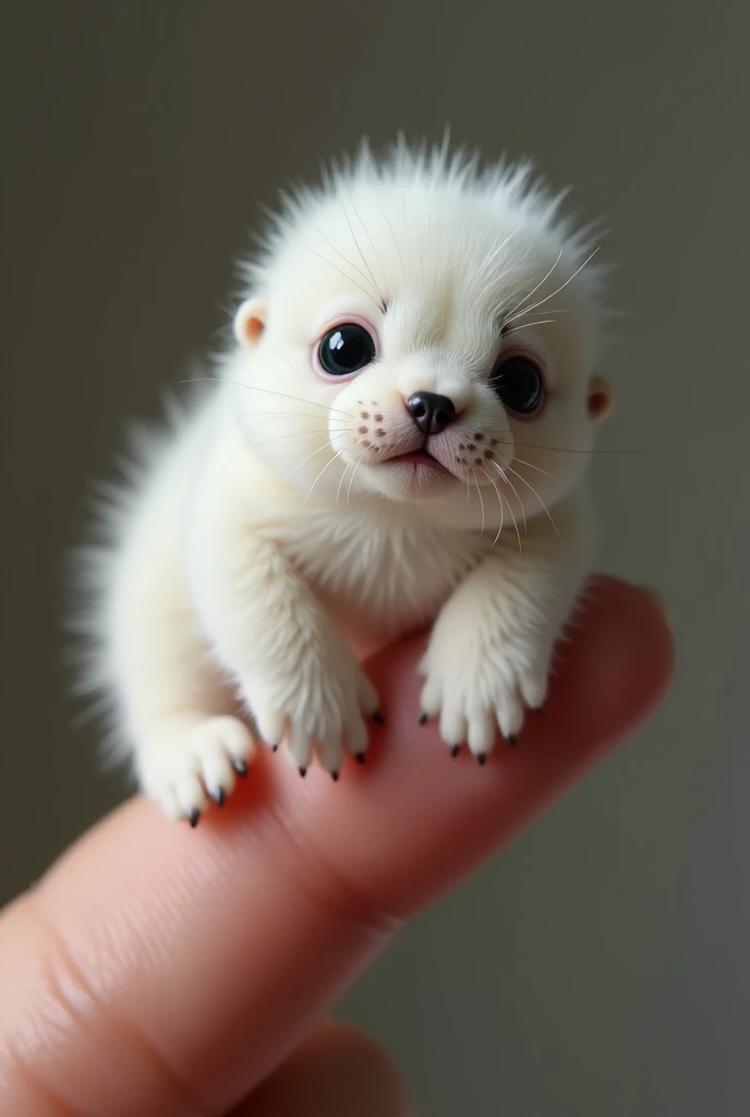 Realistic, hair, Tiny baby fat [Pure white seal] Perched on top of a perfect sexy human finger