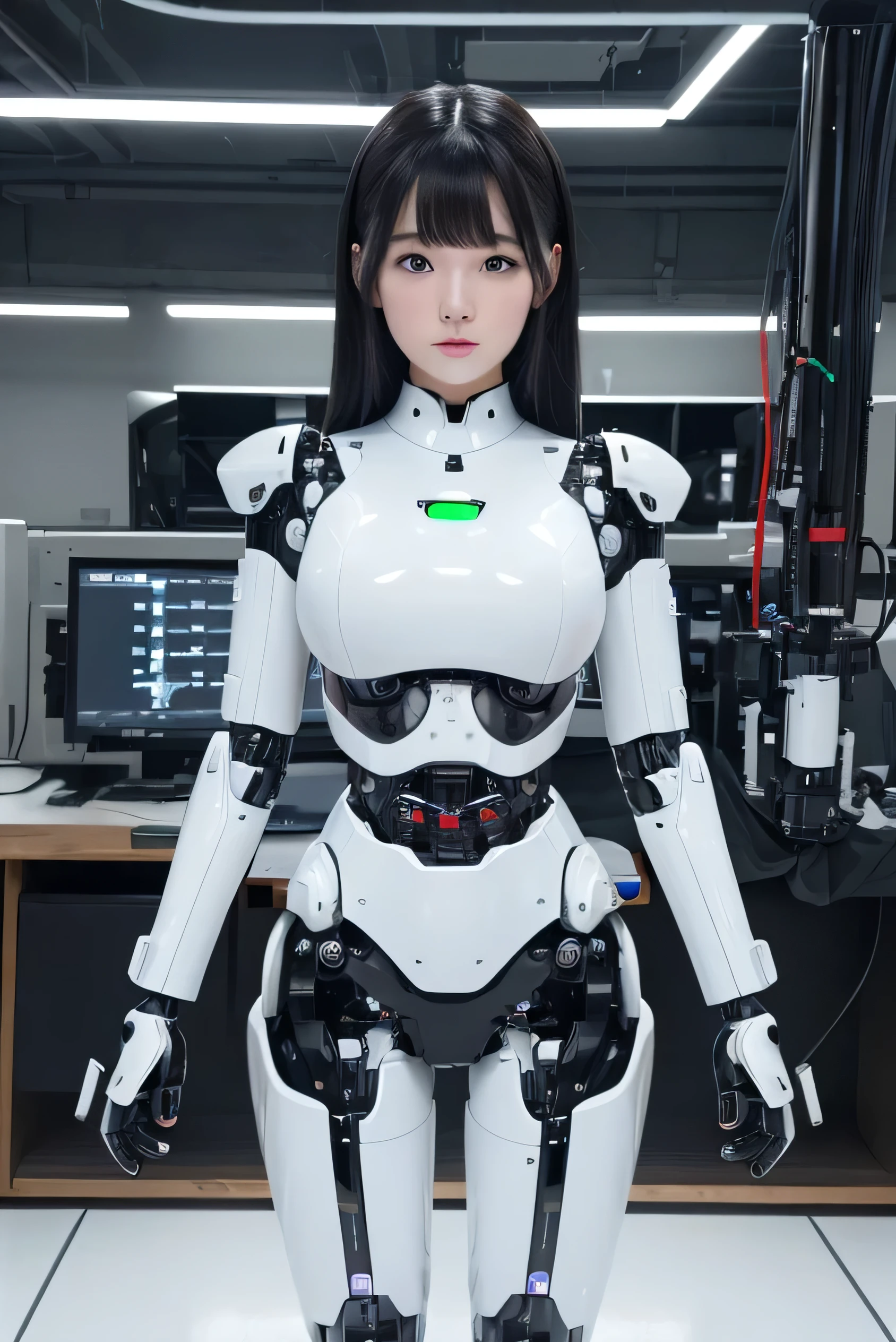 masterpiece, best quality, extremely detailed, 8K portrait,1girl in, Japaese android girl,android teacher,Plump , control panels,android,Droid,Mechanical Hand, ,Robot arms and legs, Black hair,Mechanical body,Blunt bangs,White Robotics Parts,perfect robot woman,Charging spot,perfect mechanical body,white robotics body,android assembly plant,white body,She has repaired,black sponge joints,android,laboratory,perfect machine body,white robot body,blue eyes