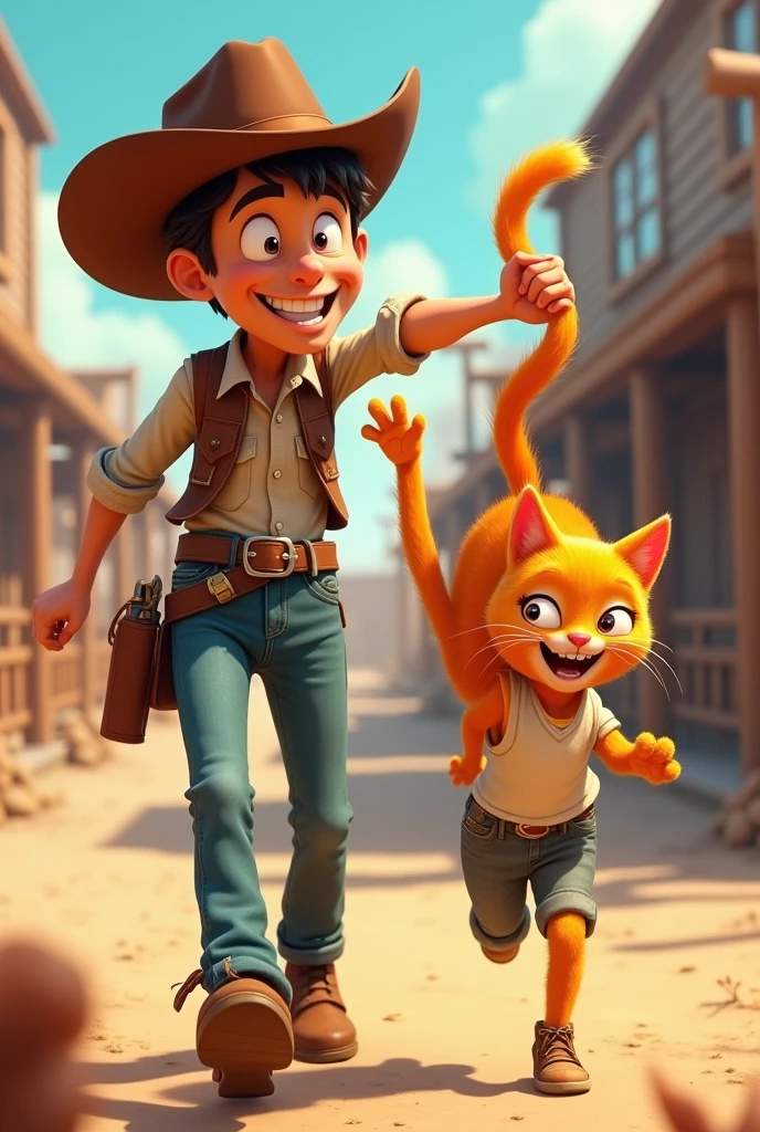 Cowboy swiging cat, orang cat, a girl grab a tail of orange cat, smile