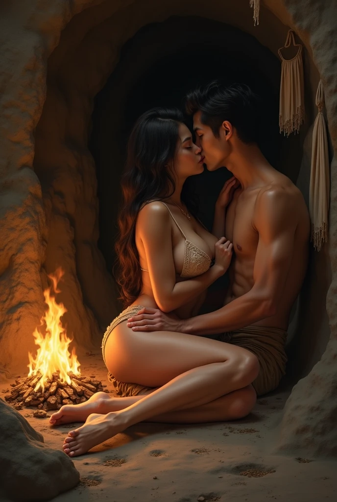 In the dense forest, a beautiful white Thai woman, her body naked, showing her pubic hair, a clear cleavage, and large breasts, is sitting against a fire in a cave with a naked young man. Both of their bodies are cold, the atmosphere is brightly lit by the fire in the firewood, with a pair of loincloths hanging out. Both of them slowly lean towards each other and kiss. The one who starts to lie down, the man leans down and follows, his hand grabs the edge of the pants and pulls them down to her feet. The woman lies down with her legs spread and her hands grab the man's waist, her hands around his neck.