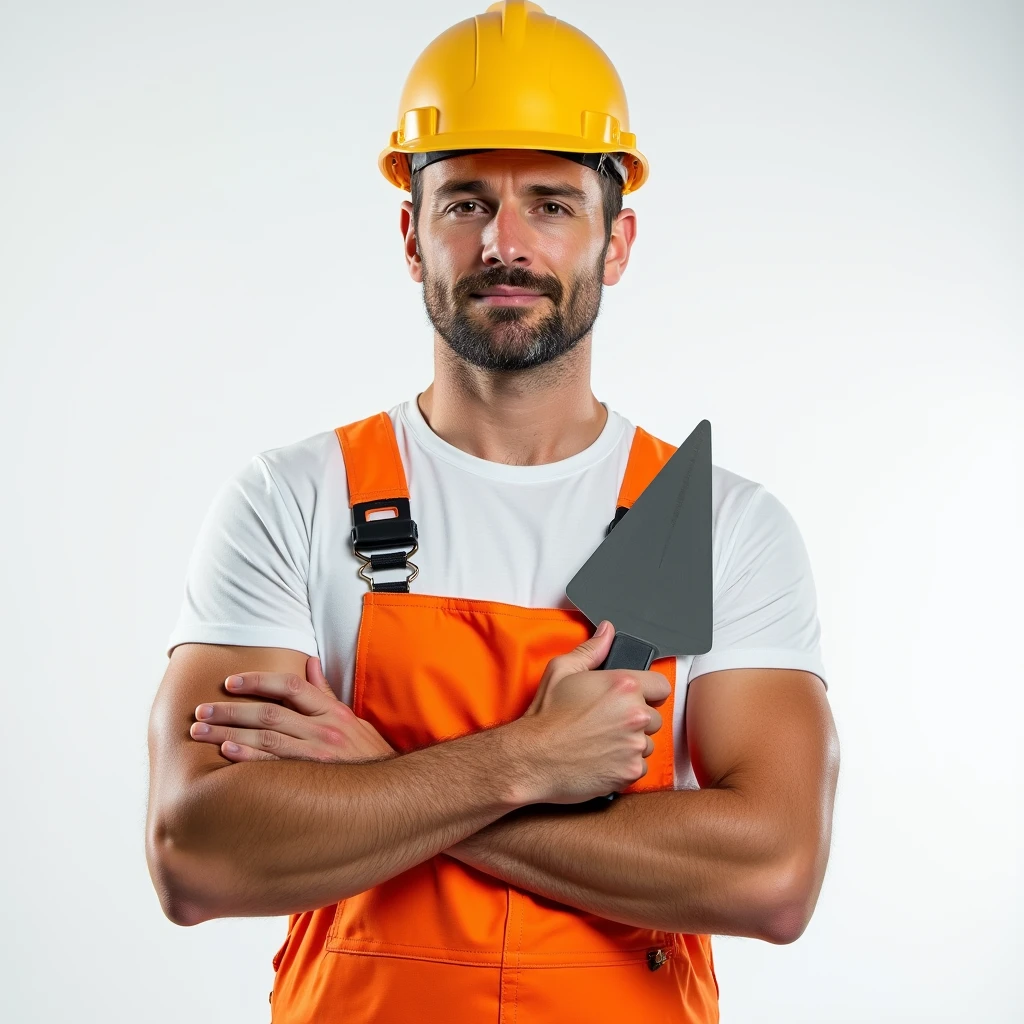 A man in a white T-shirt and orange construction overalls, holds a triangular construction spatula in his hand, Studio Photography, studio lighting, realistic skin texture and detail, the man stands slightly sideways, background white uniform
