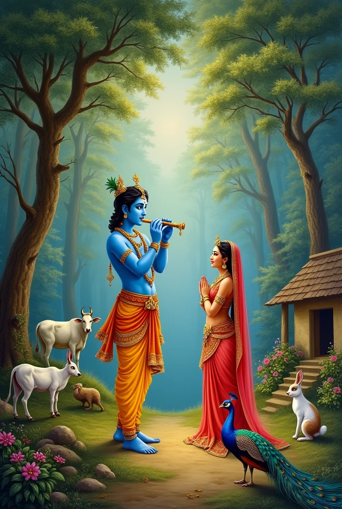 Sree krishna with flute and radha distance between them  behind cow , peacock , hare in forest  trees with hut