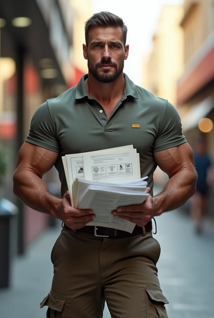 Muscular delivery man with papers
