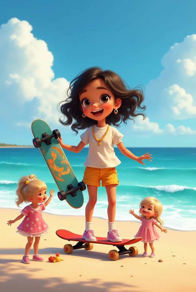 Happy  playing in the sea with her dolls with text Dayerlin first letter in capital letters the letter D and her skateboard on the seashore in the sand