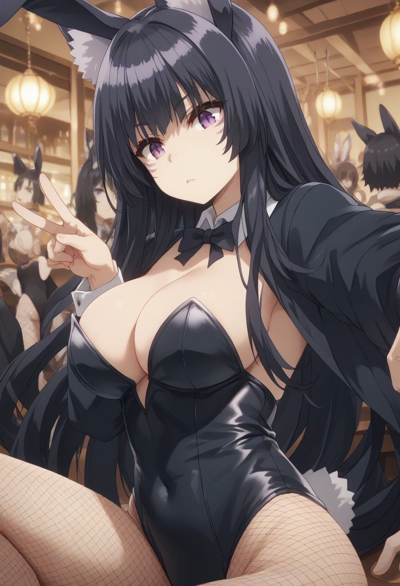 delta, long hair, black hair, animal ears, purple eyes, cat ears, animal ear fluff, facial mark,, large breast,BLACK BUNNY SUIT,BUNNY EARS,fishnet