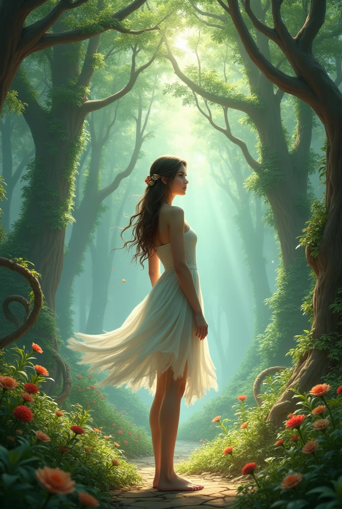 A young woman stands in a lush, fantastical forest setting, surrounded by towering trees adorned with vibrant greenery and gentle light filtering through the canopy. She without clothe with her hair styled in loose waves. The background features spiraling branches and a playful arrangement of plants and flowers, adding an ethereal touch to the scene. The atmosphere is serene and enchanting, evoking a sense of wonder and exploration.