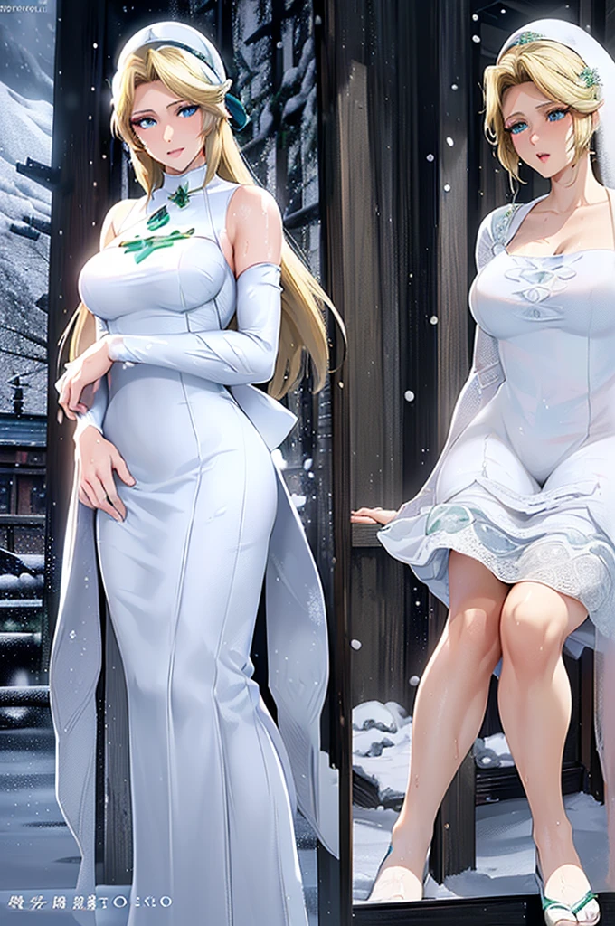 Masterpiece (Blonde woman,The facial expression is accurate,Anime style face,greenish blue eyes ) Group ((((The location is Fuyuyama)))) ((((The location is a winter mountain in a snowstorm.)))) ((((The woman is wearing a white dress:1.5)))) 8k((((Snow Woman)))) 8k(((((Wet))))) ((Staring at me)) Emphasize the breasts and clearly depict the body