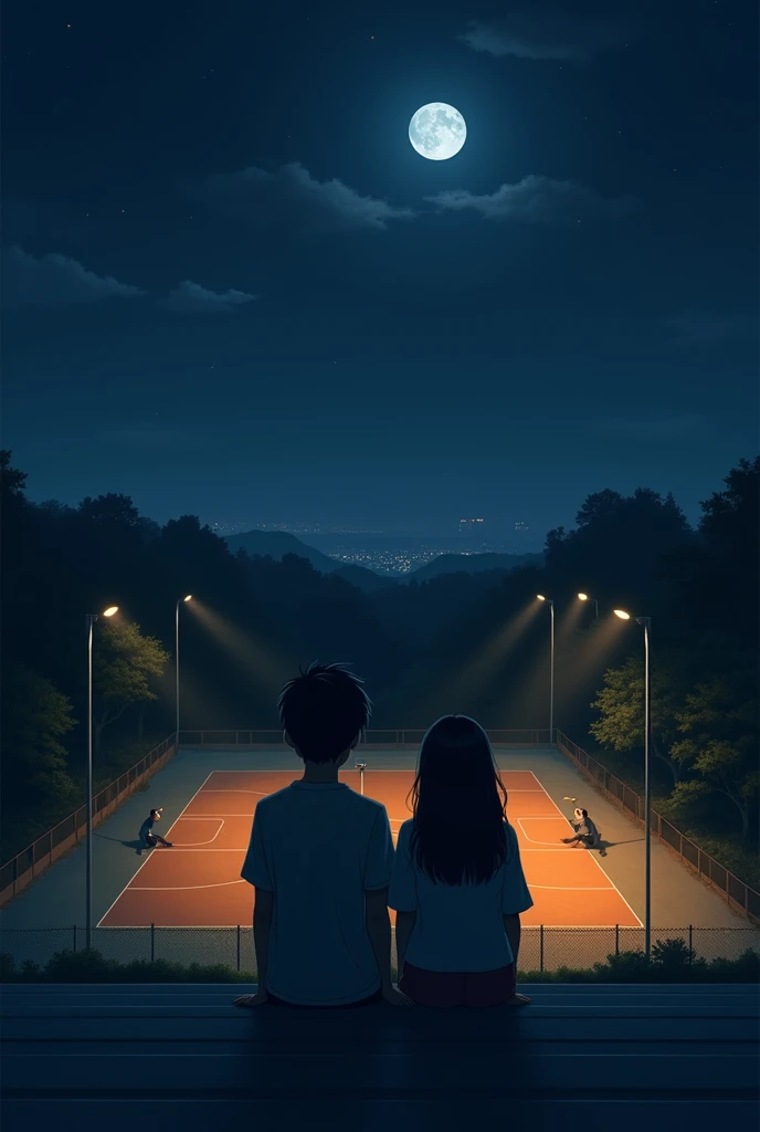 A boy and a girl sitting on a high bleacher of a court at night, with a street lamp illuminating them from afar as the moon rises