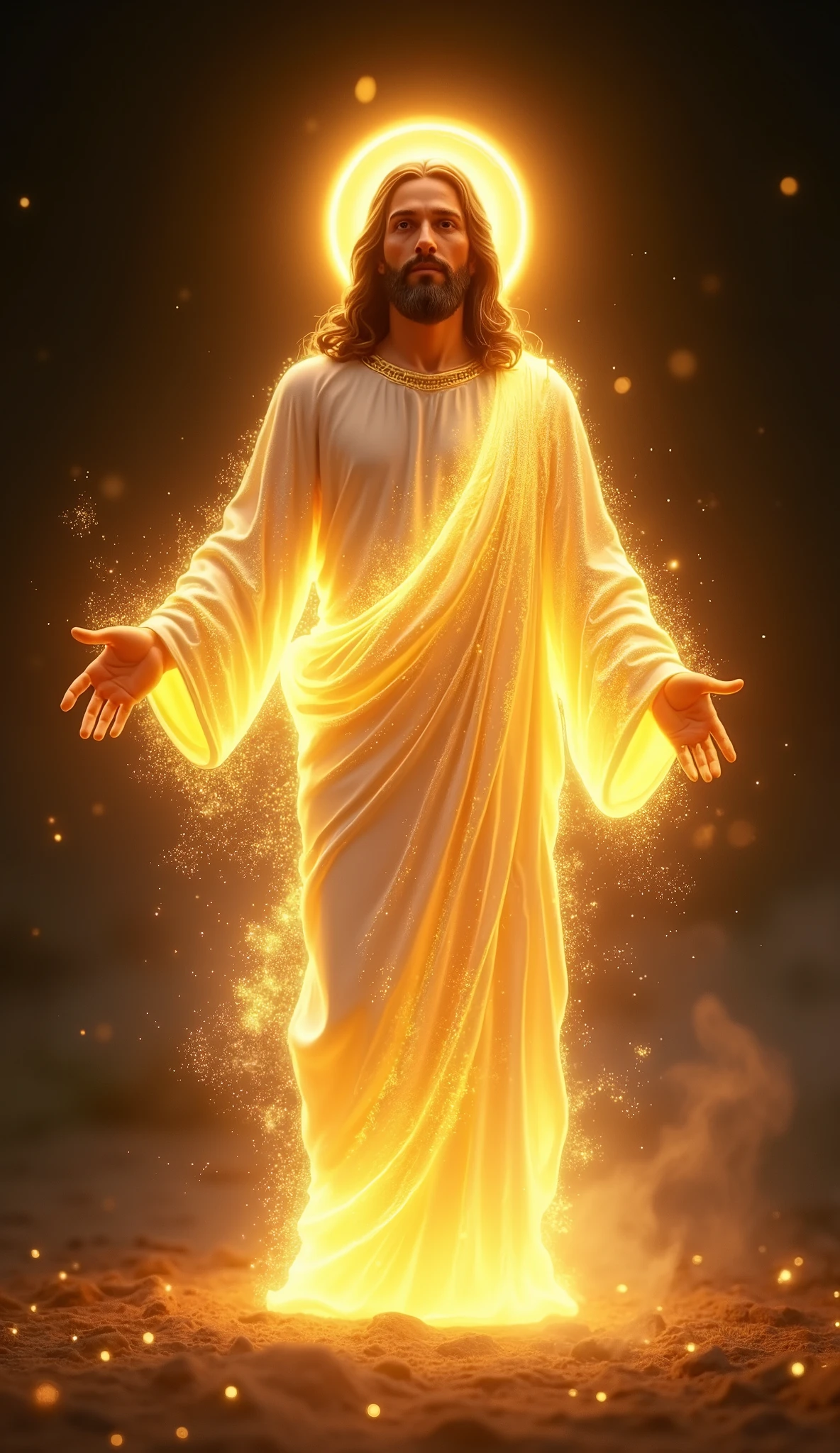 Create an image of Jesus Christ made entirely out of light, with his form glowing and ethereal. His facial features, hair, and robes should be composed of delicate beams of light. The halo around his head should shine with a brilliant, golden glow, and the entire figure should radiate warmth and peace. The background should be dark to highlight the luminosity of the figure, with light softly emanating from him, creating a divine and serene atmosphere