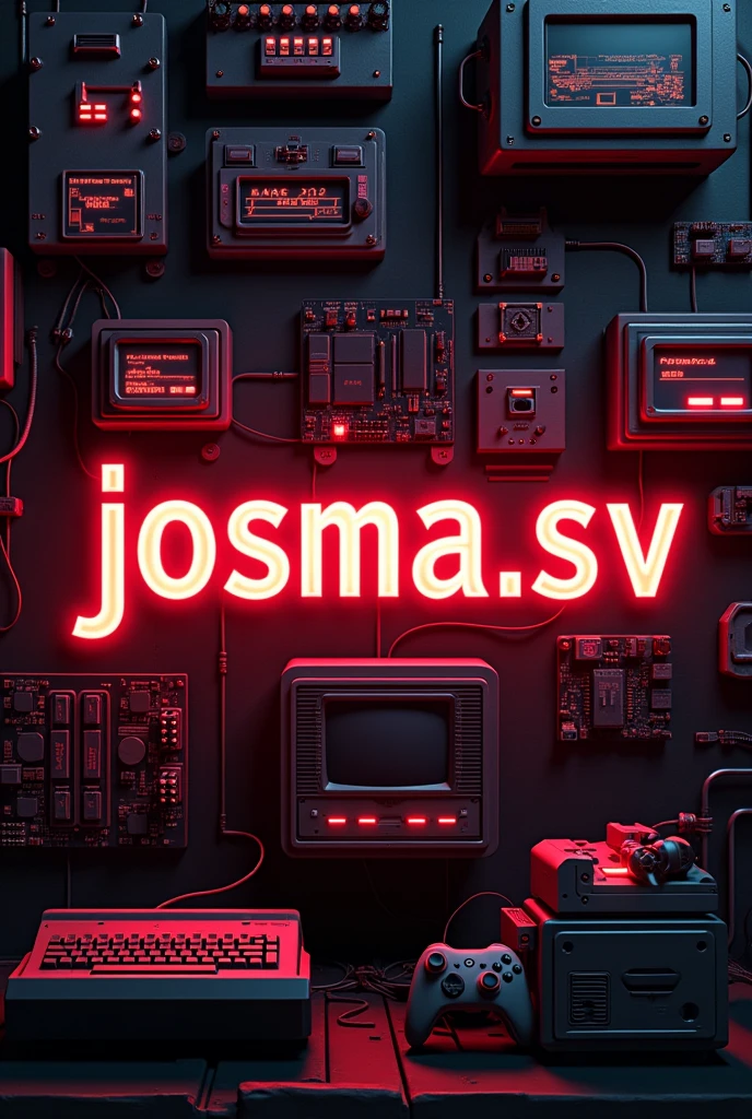 For YouTube cover with name josma.sv in red and black color and background of retro computers and game consoles Size 2560x1440 aspect16:9