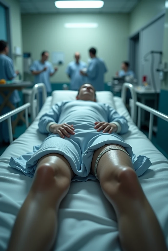 A realistic first-person image in a hospital on a stretcher, that can only be seen from the chest down