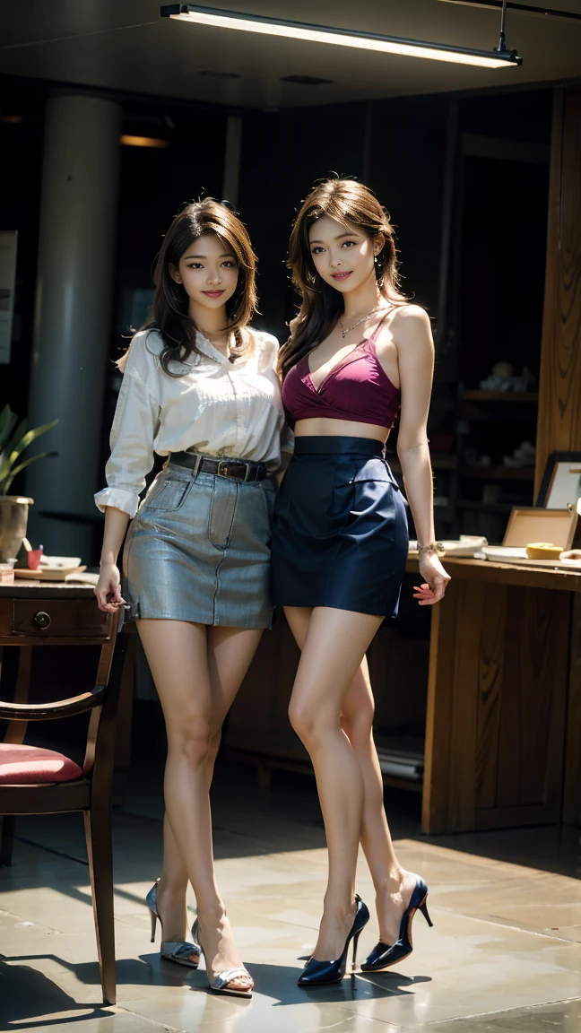 (Highest quality, masterpiece, Photorealistic, Very detailed, Ultra-high resolution, to be born:1.3), (Three people:1.3), beautiful, Japanese, mature, 2, office workers, (Close bonds, Short skirt), ({money| Silver| wine-red| navy| pink| Yellow green| violet| Sky blue} Clothes), (smile), (bangs), high waist, necklace, (office, indoor, Glass Room), (Long legs, High heels, whole body:1.2), (Big Breasts:1.3), (crowd)、Sexy Underwear:1.5,