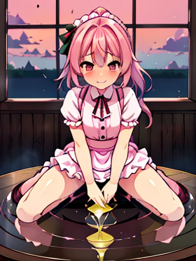 (from the front), Fisheye Lens, Beautiful 2, Curvy, Flat Chest, Small breasts，Underbust, (Kneeling on the round table), (On the table:1.5), (Leg spread), (Hot lemonade between my legs:1.3),Steam rising from hot lemonade， (Classic puffy short sleeve ruffled blouse), (Pink mini skirt), (Pink Maid Apron), (Button-down shirt), (Neck Ribbon Button Gap)+ Thighs, High heels, (View your viewers:1.5), (Embarrassing:1.3), (Smile), (vapor:1.3), (Girl trembling with sexual climax:1.3), Mid-length hair, Pink Hair, High Ponytail, Wavy Hair, Glowing Skin, (coffee shop), window, morning, (crowd:1.3), (masterpiece, Highest quality, High resolution:1.3), Perfect Anatomy，Used condoms scattered around、