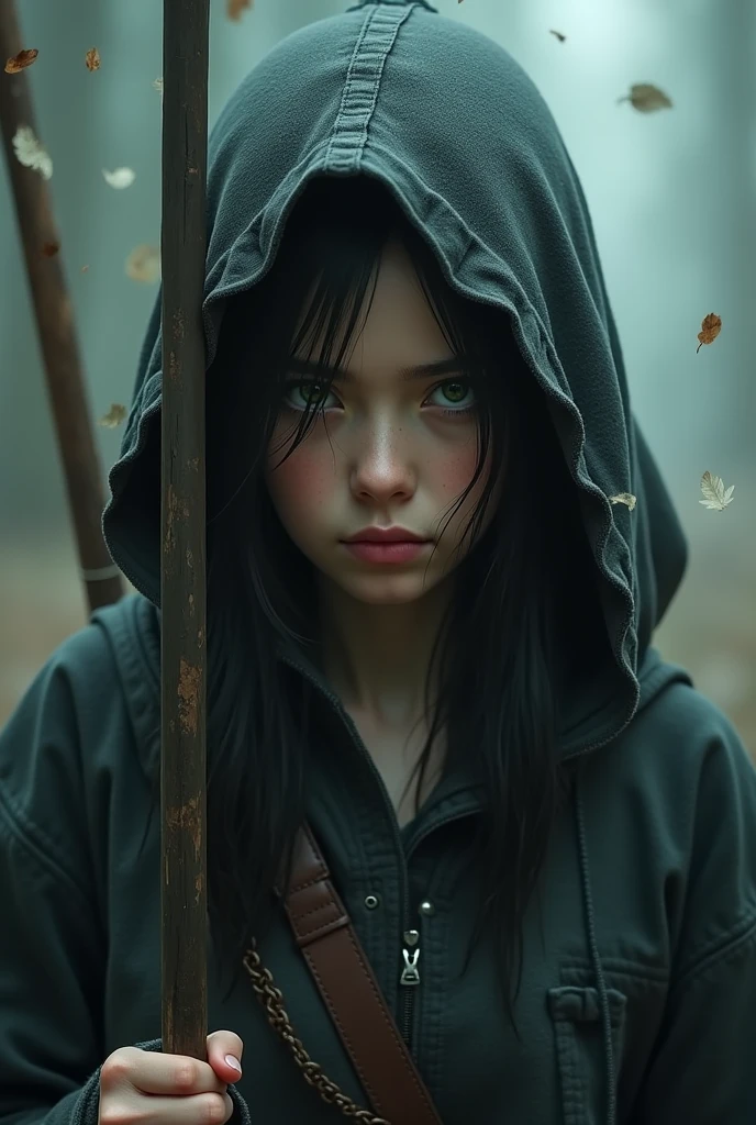 20 year old white girl with black hair, bright green eyes and a hood holding a spear 

