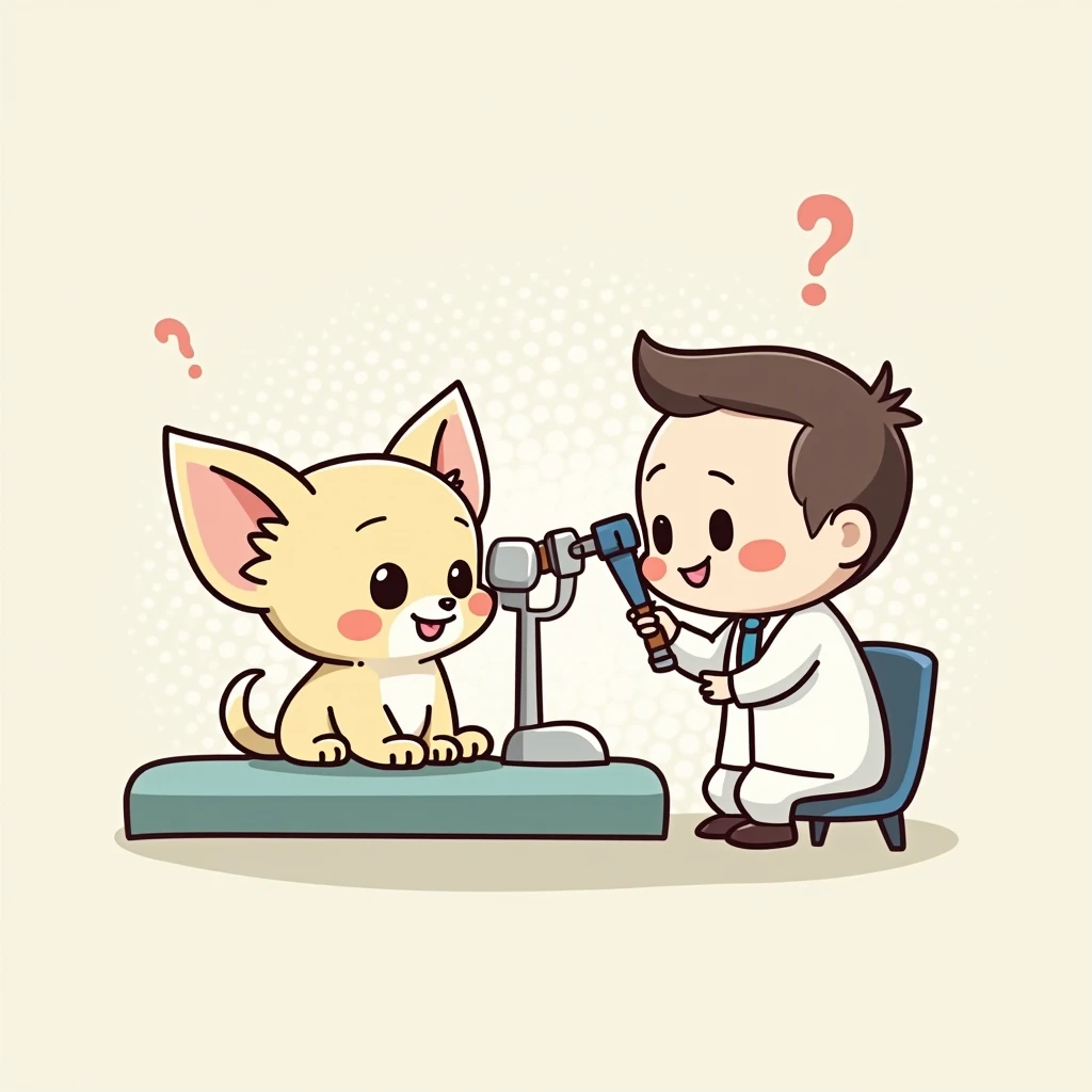Chibi Style, 2-panel cartoon, dot halftone, Flat Color,Chihuahua undergoing eye examination,The color of the chihuahua is cream,smiling, 