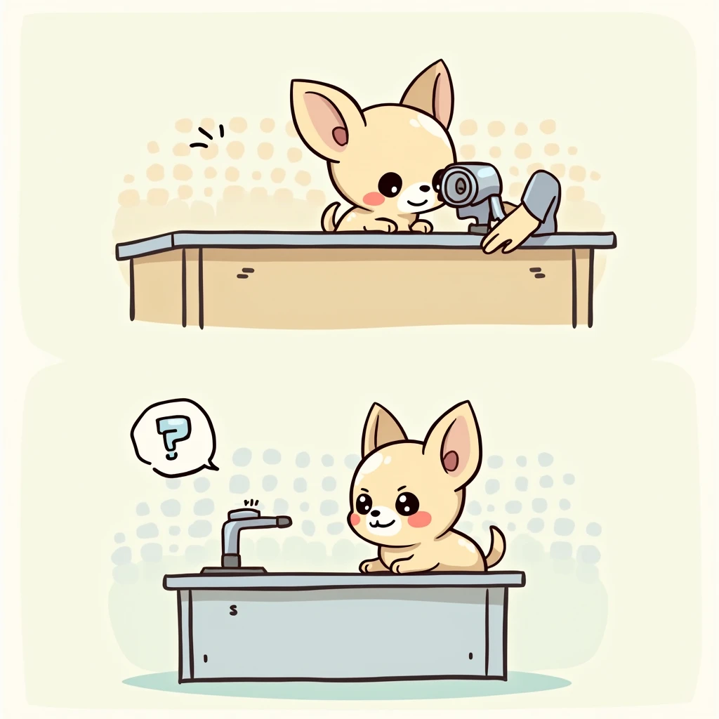 Chibi Style, 2-panel cartoon, dot halftone, Flat Color,Chihuahua undergoing eye examination,The color of the chihuahua is cream,smiling, 