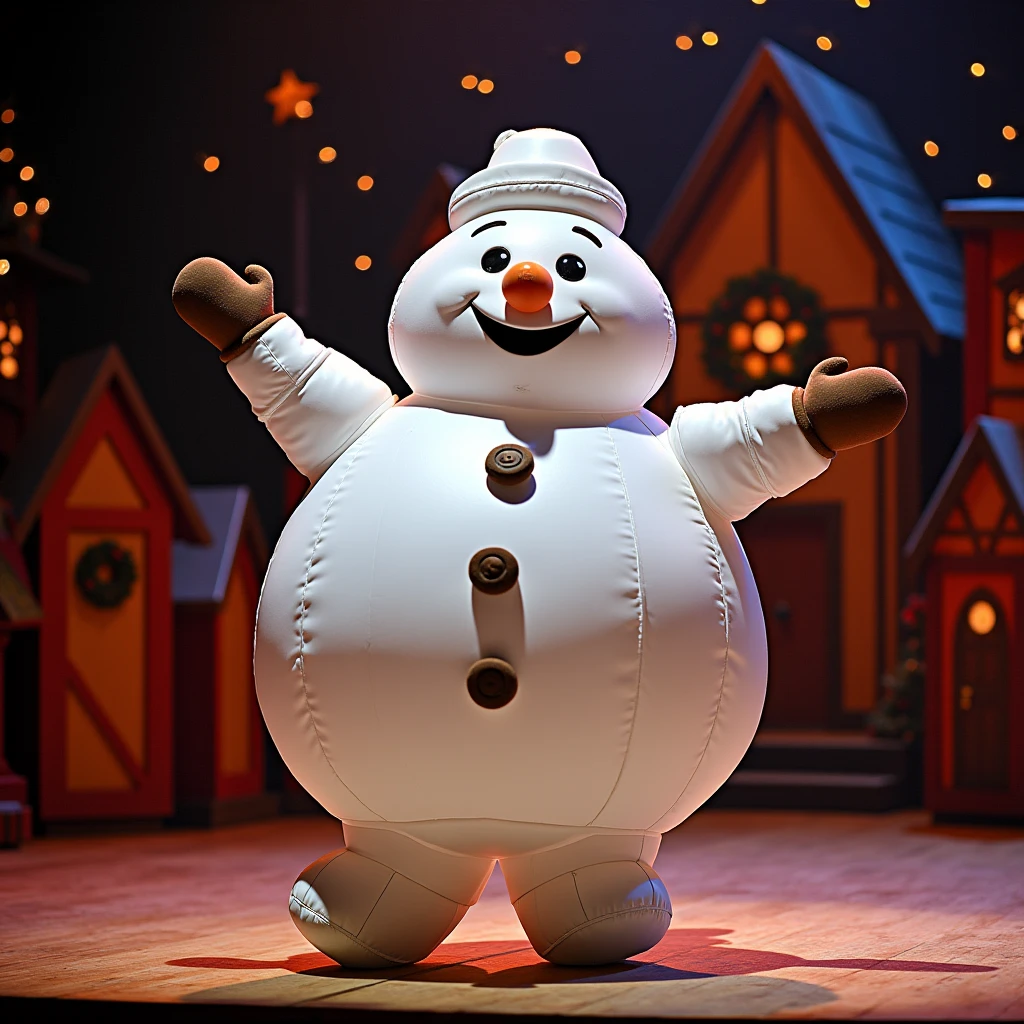 an actor with Inflatable Snowman custome on a Christmas Show Stage, (Practical, RAW photos, Super Fine), Practical Light