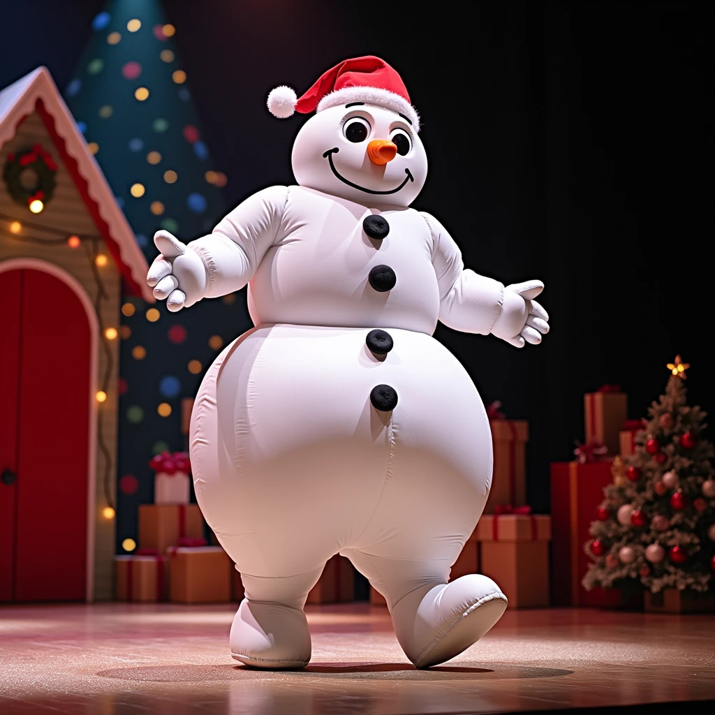 an actor with Inflatable Snowman custome  on a Christmas Show Stage, (Practical, RAW photos, Super Fine), Practical Light