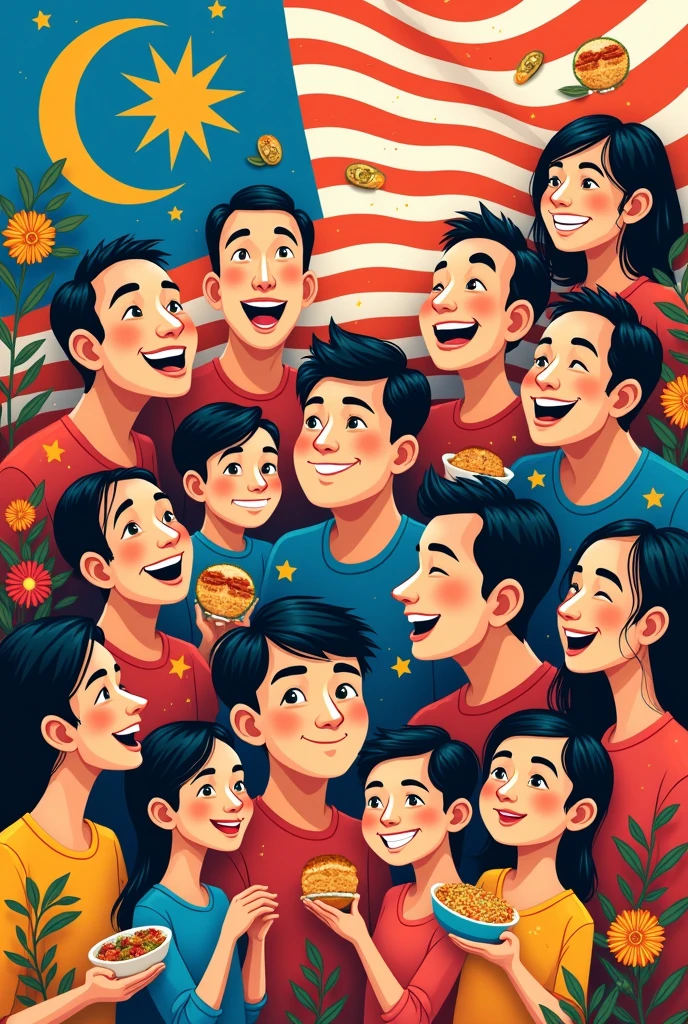 Malaysia Merdeka poster idea for competition. Color pencil. Happy people, random malaysian food, doodle