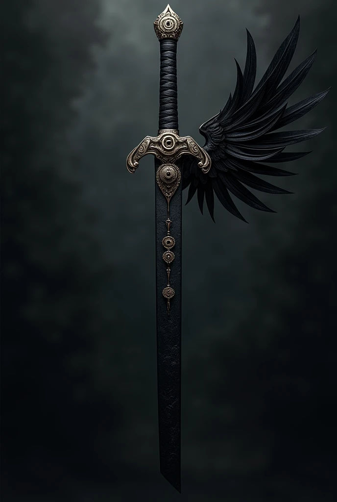 A black katana decorated with gears and a black wing on one side.