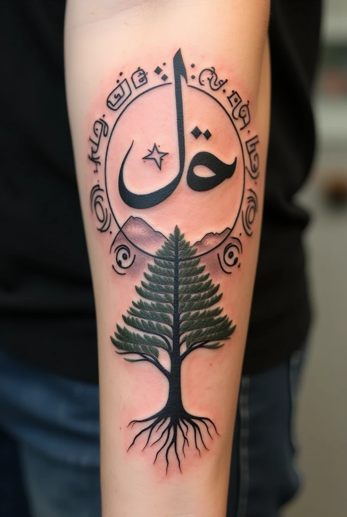 Tattoo Description:
Arabic calligraphy: the word "origin" ou "Family" in Arabic calligraphy, elegantly written in the center of the design. Ao redor dela, important names from your family tree could be included, like Nader, Council, in Attiyah, forming a circle or spiral to symbolize continuity and family connection.
Houran Mountains: A representation of the Houran Mountains in the background, stylized in soft, flowing lines, to give an artistic touch to the scene, destacando as raízes geográficas da sua Family.
Traditional Symbols: Incorporate an eight-pointed star and swirls that intertwine around the design, as a natural frame, symbolizing the richness of Arab culture and artistic tradition.
Simplified Family Tree: Place a stylized tree at the bottom of the design, with branches rising towards the top of the tattoo. The roots of the tree can blend with the calligraphy and symbols, representing the link between the past and the present.
Symbol of Unity and Strength: Include a small Lebanese cedar next to the family tree or in the mountains, to strengthen the connection with Lebanon.
Style and Size: I chose a style that mixes the traditional with the contemporary, using clean lines and details that don't overwhelm the design. As for the size, This design can be adapted to cover a larger area, like the arm or shoulder, but can also be reduced to fit on the forearm or back.
