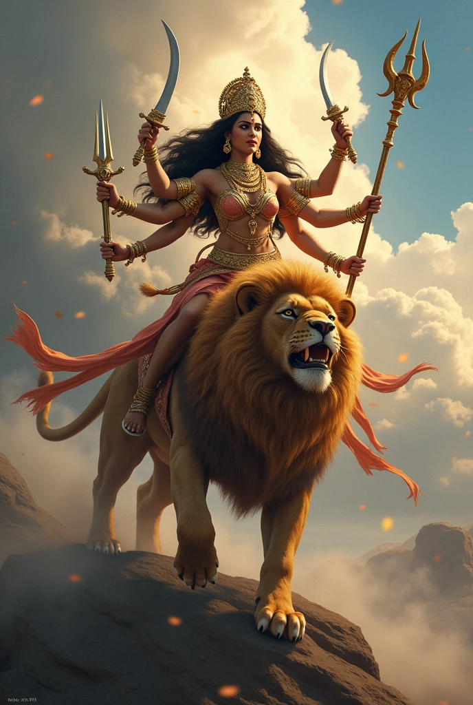 Goddess Durga sitting on lion with dramatic atmosphere, sharp focus, ultra hd, realistic, vivid colors, highly detailed, perfect composition, beautiful background detailed octane render trending on artstation, 8k artistic photography, photorealistic concept art, ultra hd, realistic, vivid colors, highly detailed, UHD drawing, pen and ink, perfect composition, beautiful detailed intricate insanely detailed octane render trending on artstation, 8k artistic photography, photorealistic concept art, soft natural volumetric cinematic perfect light