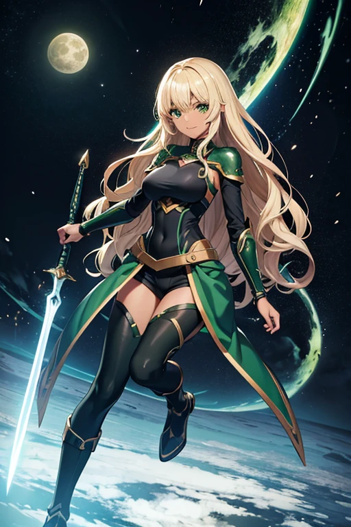 Anime Art、Full body portrait、Lunar Surface、Space SF warrior、Attacking with a giant curved sword、A dark-skinned woman, about 2, about 175 cm tall, wearing dark green armor and black shorts.、tall、Her hair is medium-long and curly.、Blonde、Smiling with teeth showing、Fished out eyes、Lightless green eyes、Dark green leggings、Dark green arm guards、Dark green metal boots