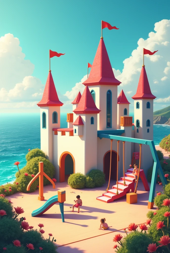Create playground with castle, swing, seasaw using different triangle shape
