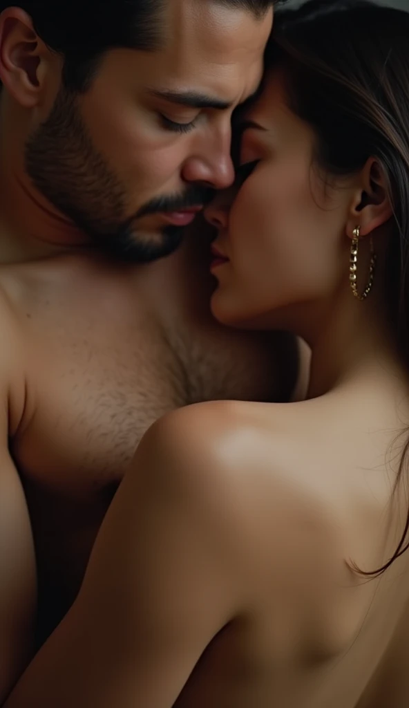 Close up of a man kissing a female breast. The female breast should be in focus, with sharp details such as the roundness of the breast and the texture of the nipple. The scene should convey a sense of closeness and tension, capturing the moment as the man approaches the breast