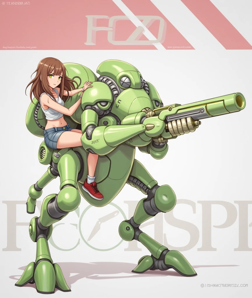  girl ridding a green robot with a gun, (hair swept bangs:1.3), (long brown hair:1.3), seapunk mecha, mecha, yellow eyes, weapon, gun, 1 humans, robot, mecha, anime style, from girls frontline, fine details. girls frontline, girls frontline universe, girls frontline style, girls frontline, girls frontline cg, soft anime illustration, 2 0 2 2 anime style, 2022 anime style, pixiv contest winner, pretty anime character design, render of april