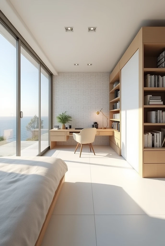 My ideal room it would be white with decorative brick type finishes , the bed it were in a corner lefting a little space to put a bedside table with a lamp with a closet at the other side.
On the left space of the room it be a book shelf with thousands of book of every color,side, autor and languaje
At it side it is a considerate big desk to work, draw , think and so on.
With many drawers under it.
Between the bed and the desk it would be a very big space to stay walking and thiking for hours with a big windos at the left side to loof at the horizon ad look the sky, mornings, eveningsand apriciate nature.