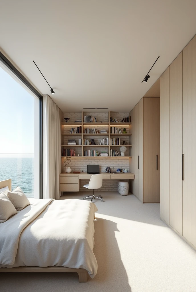 My ideal room it would be white with decorative brick type finishes , the bed it were in a corner lefting a little space to put a bedside table with a lamp with a closet at the other side.
On the left space of the room it be a book shelf with thousands of book of every color,side, autor and languaje
At it side it is a considerate big desk to work, draw , think and so on.
With many drawers under it.
Between the bed and the desk it would be a very big space to stay walking and thiking for hours with a big windos at the left side to loof at the horizon ad look the sky, mornings, eveningsand apriciate nature.