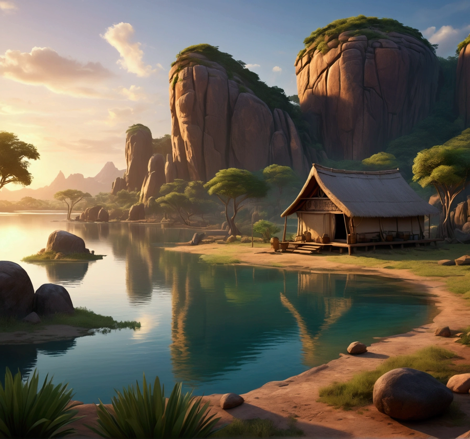 Breathtaking view of the African wilderness, beautiful sunrise over a tranquil lake, a very small African hut on one side of the scene, dramatic cinematic lighting, majestic rock formations, no animals or evil, breathtaking view, high detail, (best quality, 4k, 8k, high definition, masterpiece: 1.2), high detail, (realistic, realistic, photorealistic: 1.37), dramatic lighting, cinematic composition Pixar style close to cartoon, the land area is larger than the lake Trees and rocks Attention to precise theatrical perspective High quality on the scale of theatrical design Clear details Greek character dominates the setting, D&D game. Animation style Asar African tribe