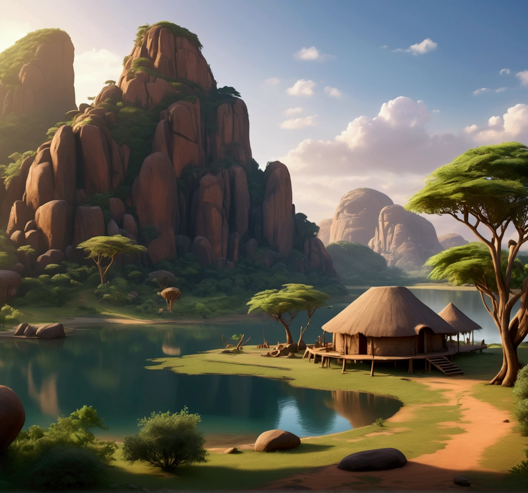 Breathtaking view of the African wilderness, beautiful sunrise over a tranquil lake, a very small African hut on one side of the scene, dramatic cinematic lighting, majestic rock formations, no animals or evil, breathtaking view, high detail, (best quality, 4k, 8k, high definition, masterpiece: 1.2), high detail, (realistic, realistic, photorealistic: 1.37), dramatic lighting, cinematic composition Pixar style close to cartoon, the land area is larger than the lake Trees and rocks Attention to precise theatrical perspective High quality on the scale of theatrical design Clear details Greek character dominates the setting, D&D game. Animation style Asar African tribe