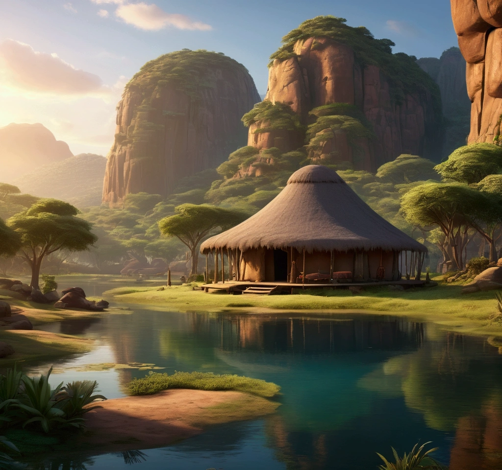 Breathtaking view of the African wilderness, beautiful sunrise over a tranquil lake, a very small African hut on one side of the scene, dramatic cinematic lighting, majestic rock formations, no animals or evil, breathtaking view, high detail, (best quality, 4k, 8k, high definition, masterpiece: 1.2), high detail, (realistic, realistic, photorealistic: 1.37), dramatic lighting, cinematic composition Pixar style close to cartoon, the land area is larger than the lake Trees and rocks Attention to precise theatrical perspective High quality on the scale of theatrical design Clear details Greek character dominates the setting, D&D game. Animation style Asar African tribe