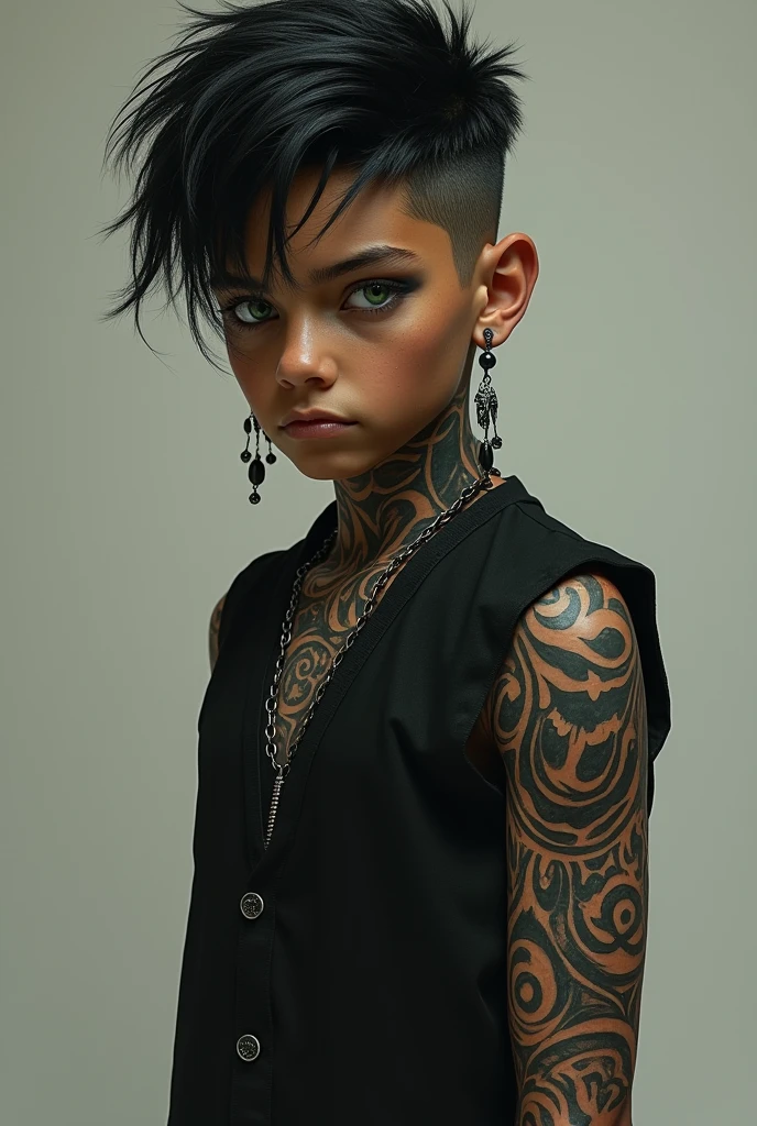 brown skinned boy, green eyes, Dark gothic style tattoos, dark clothing,tryhard beast