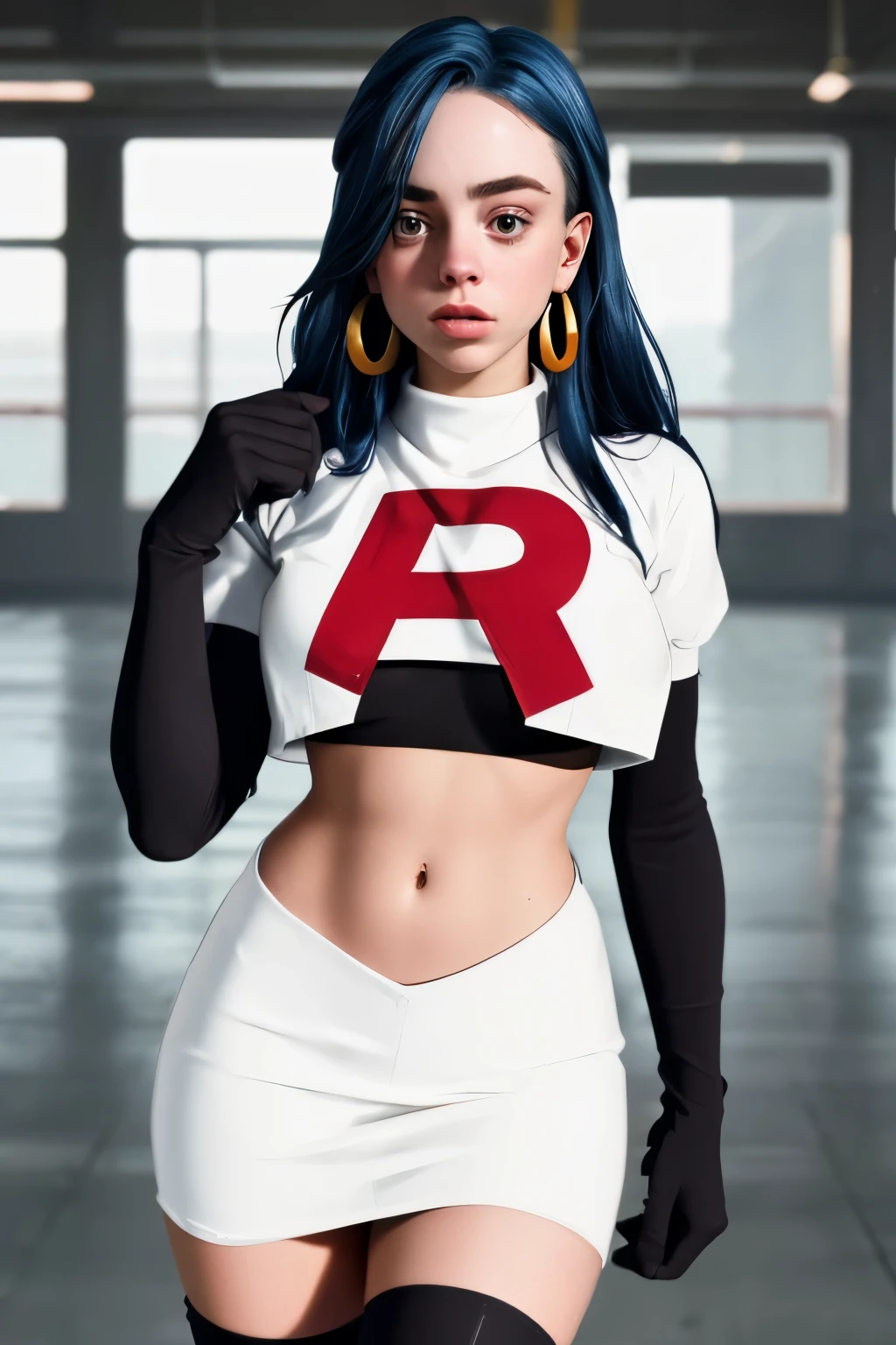 The face of billie eilish, 1girl, solo, team rocket,team rocket uniform,white skirt,red letter R,crop top,black thigh-highs,black elbow gloves, earrings, large breasts, 