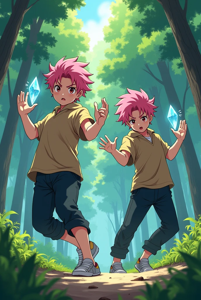 2 young character anime man with pink hair and beige eyes wearing a brown shirt and black pants in a forest generating sharp bones annoying
