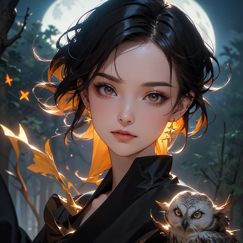 A beautiful witch with amber brown eyes, small slanted eyes, a small mouth, pale skin, a pixiecut shaved black hair, an eyebrow piercing, an ear piercing, sleeping in a nighttime forest, with an owl nearby, mushrooms scattered on the ground, a black cat, a starry sky with a waning moon, dark composition, dark illuminated, witch aesthetic, ethereal illuminated, intricate details, high quality, masterpiece, dark comic style, 8k resolution, ultra-detailed
