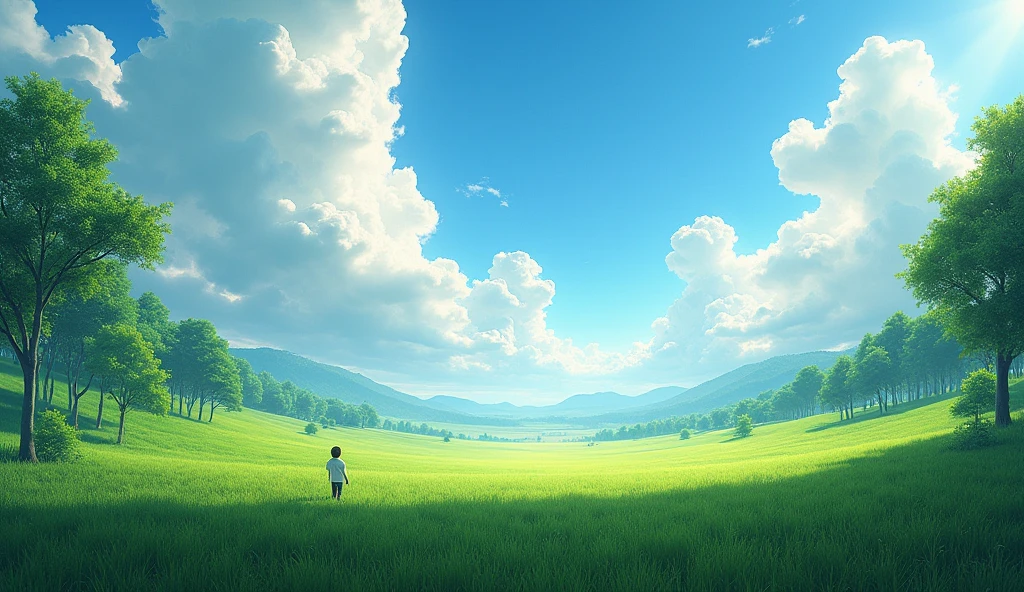 Meadow, trees, clear blue sky, huge clouds, inverted fish eye effect, very small guy at bottom left side