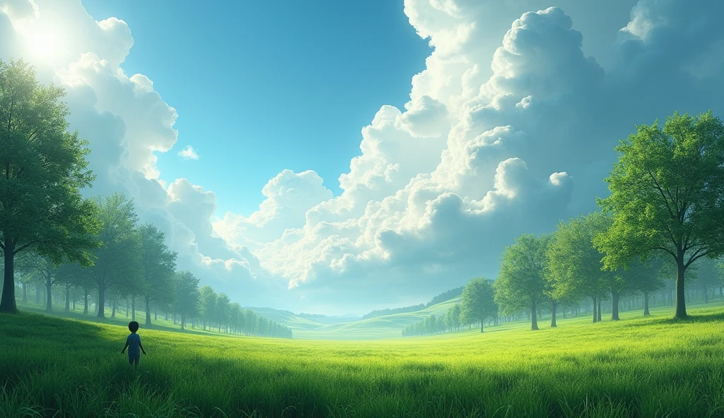 Meadow, trees, clear blue sky, huge clouds, inverted fish eye effect, very small guy at bottom left side