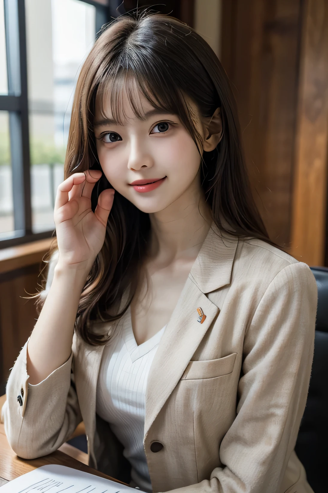tabletop,masterpiece, best quality, highres, HDR, 8k, a very beautiful japanese girl in suit at office, black hair, bangs, focused face,smile,happy