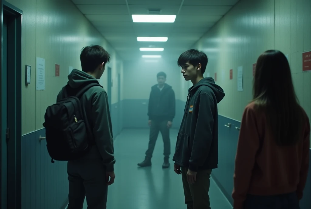 An old, dusty library in a Thai university, with a group of four friends—Nok , Pong, Aom, and Bank—standing around a mysterious red notebook. The notebook is warm to the touch, with cryptic messages written in blood-red ink. The atmosphere is eerie, with dim lighting casting long shadows across the ancient bookshelves.