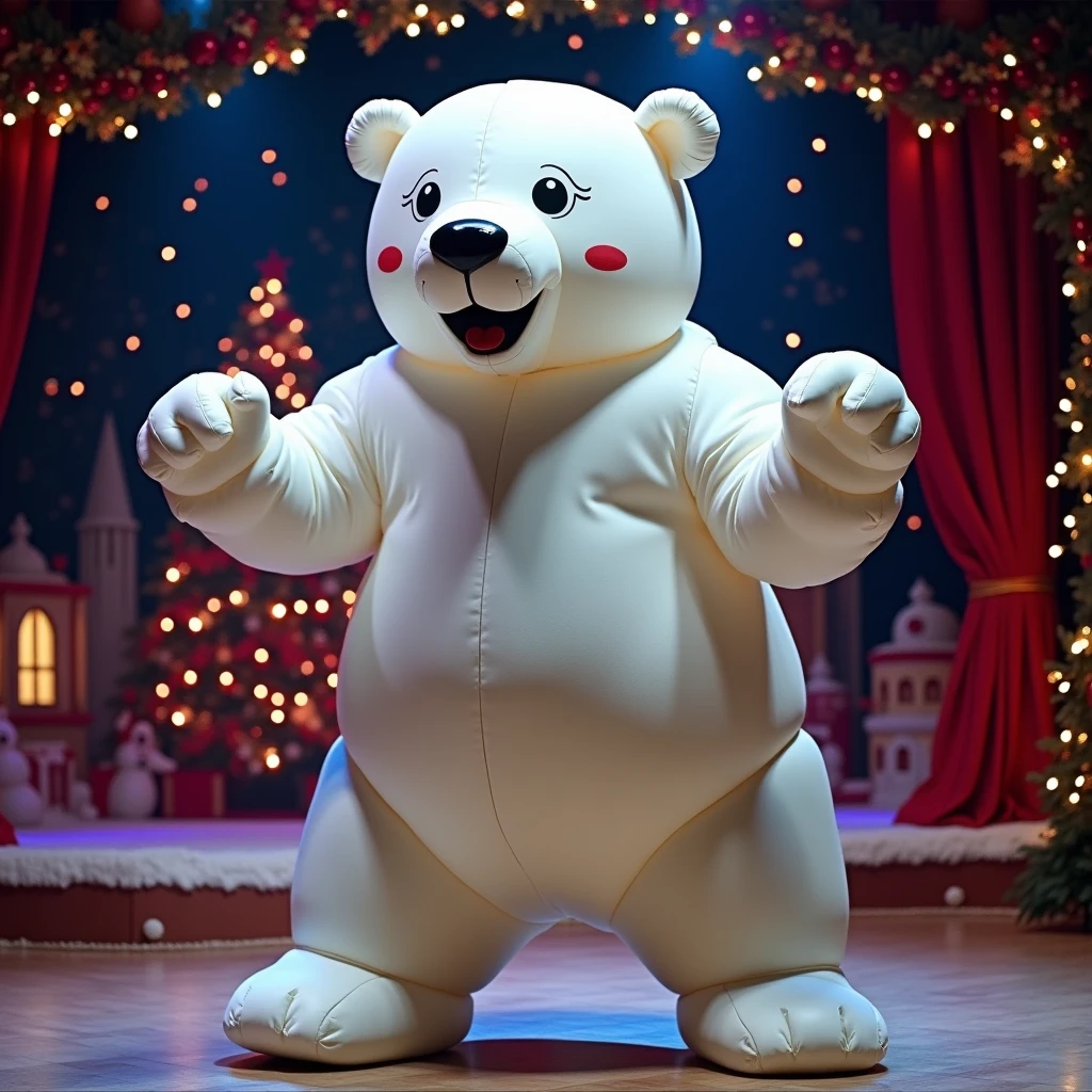 an actor with Inflatable Polorbear custome  on a Christmas Show Stage, (Practical, RAW photos, Super Fine), Practical Light