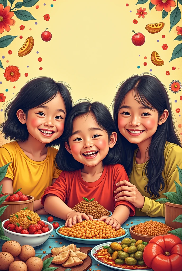 Malaysia Merdeka poster idea for competition. Color pencil. Happy three people, random malaysian food, doodle