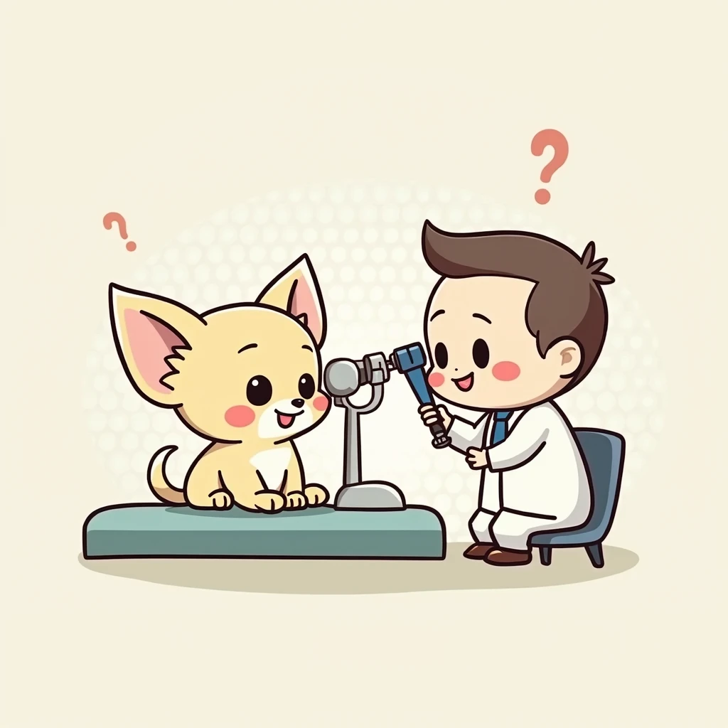 Chibi Style, 2-panel cartoon, dot halftone, Flat Color,Chihuahua undergoing eye examination,The color of the chihuahua is cream,smiling,