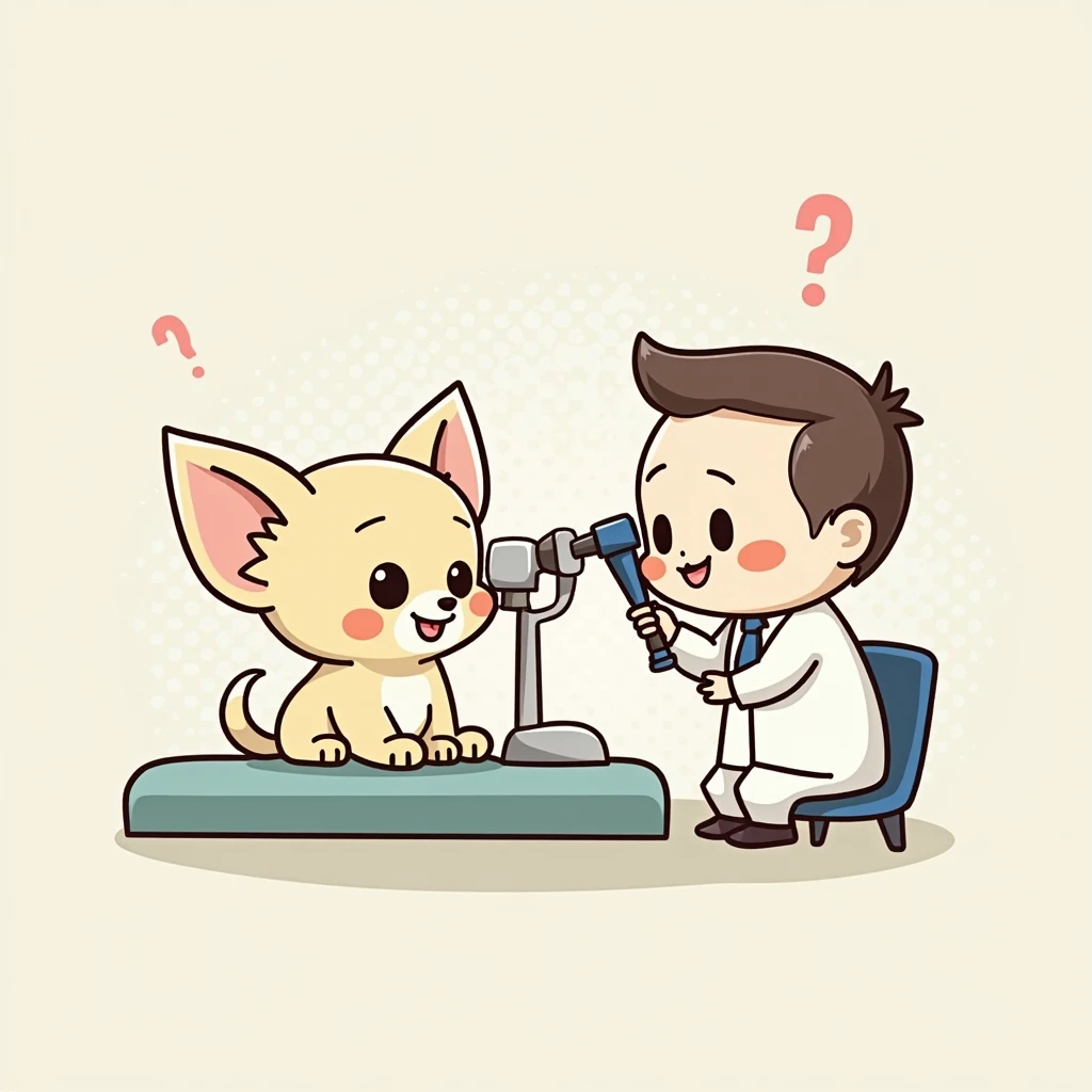 Chibi Style, 2-panel cartoon, dot halftone, Flat Color,Chihuahua undergoing eye examination,The color of the chihuahua is cream,smiling,