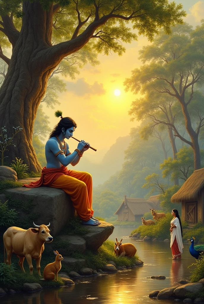Sree krishna sitting on rock  with flute and radha standing distance between them  behind many cows , peacock , hare in forest  trees with hut sunset 